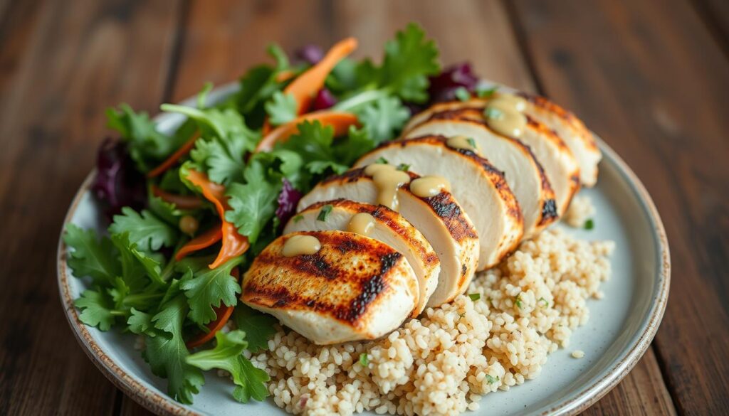 Grilled chicken with quinoa and greens