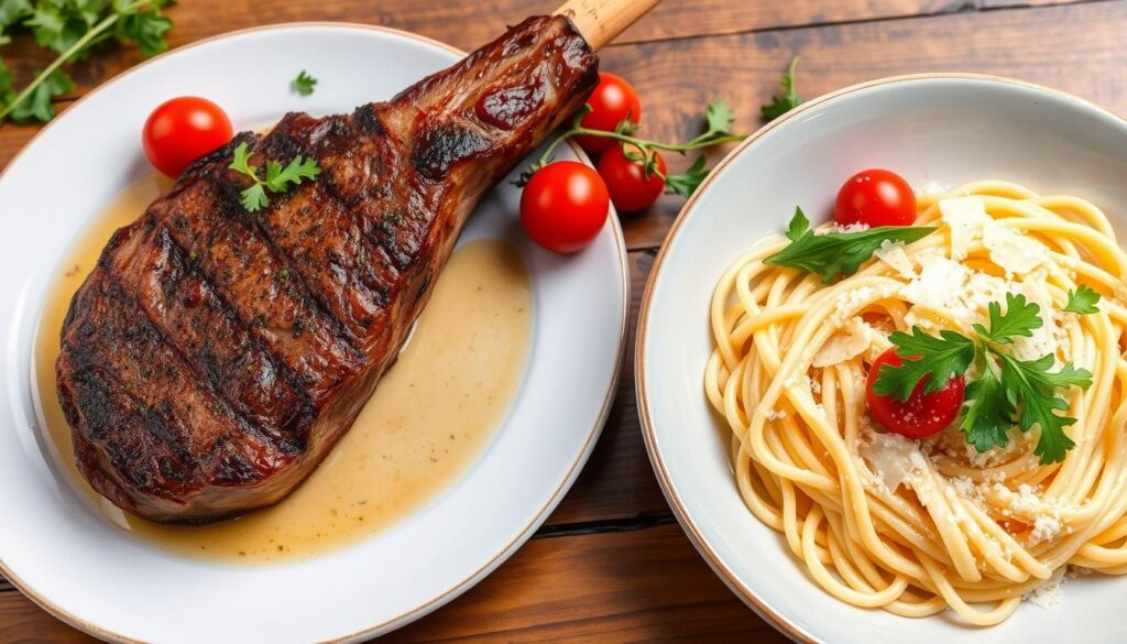 delicious steak and pasta dishes