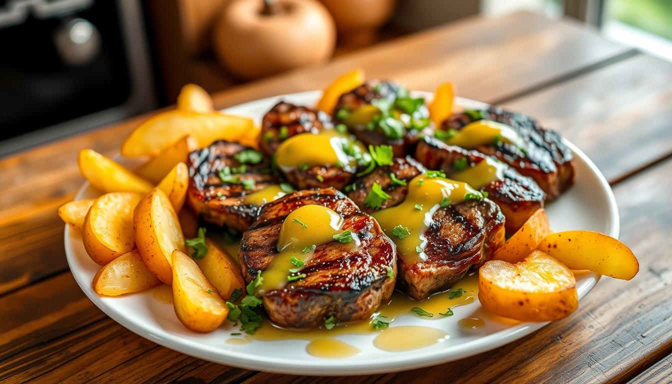 garlic butter steak bites and potatoes